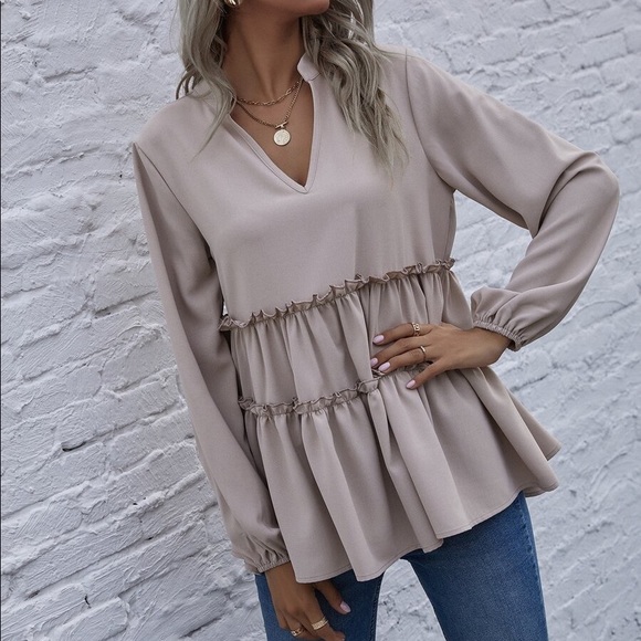 Boho Beige v neck ruffle babydoll long sleeve top - Picture 7 of 15